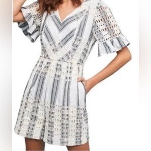 Anthropologie White/Ivory and Blue Eyelet Romper-Size 6